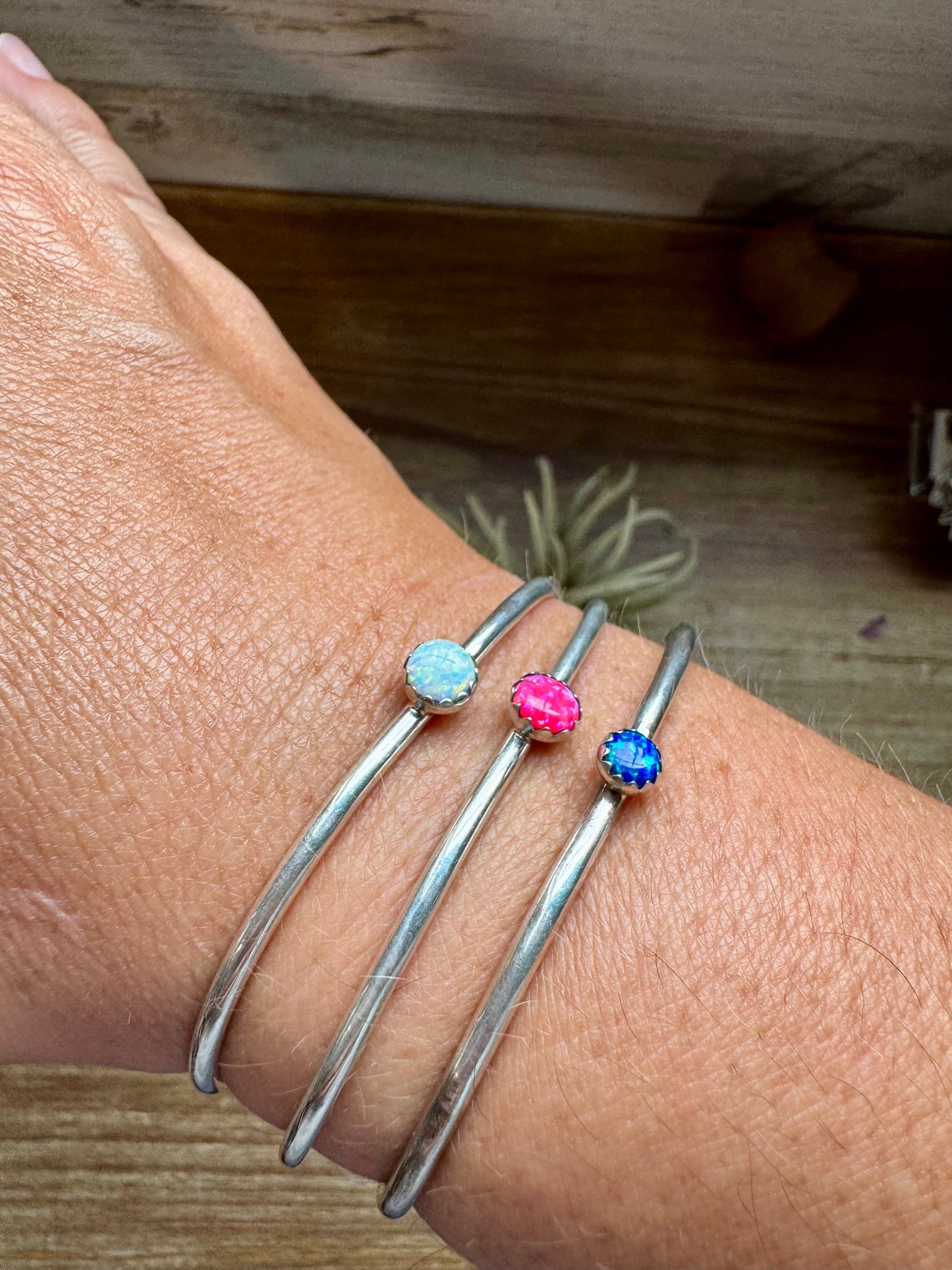 Small Opal Cuff Bracelet – Choice of Pink, Blue, or White – Sterling Silver