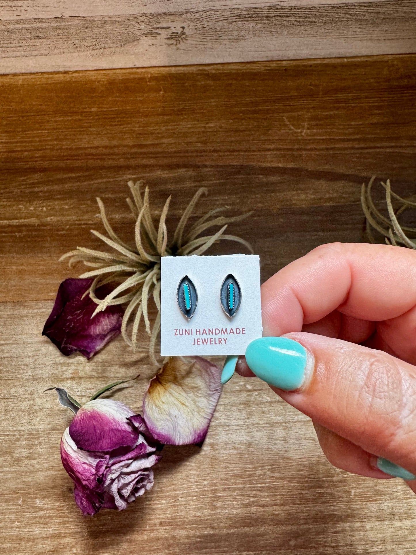 Mini Inlay Earrings – Kingman Turquoise – Sterling Silver – Zuni Made