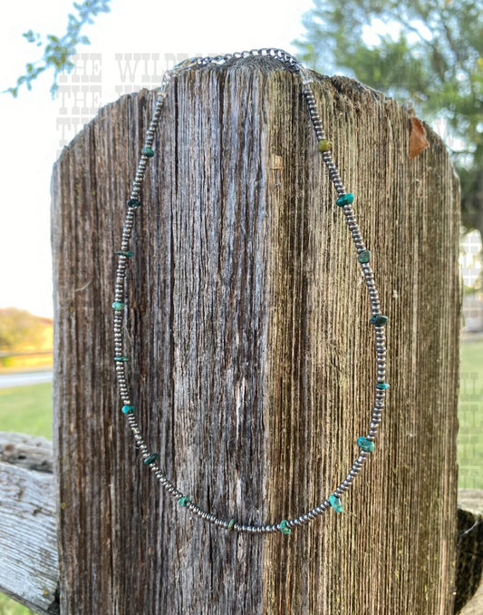 Natural turquoise choker with silver seed beads
