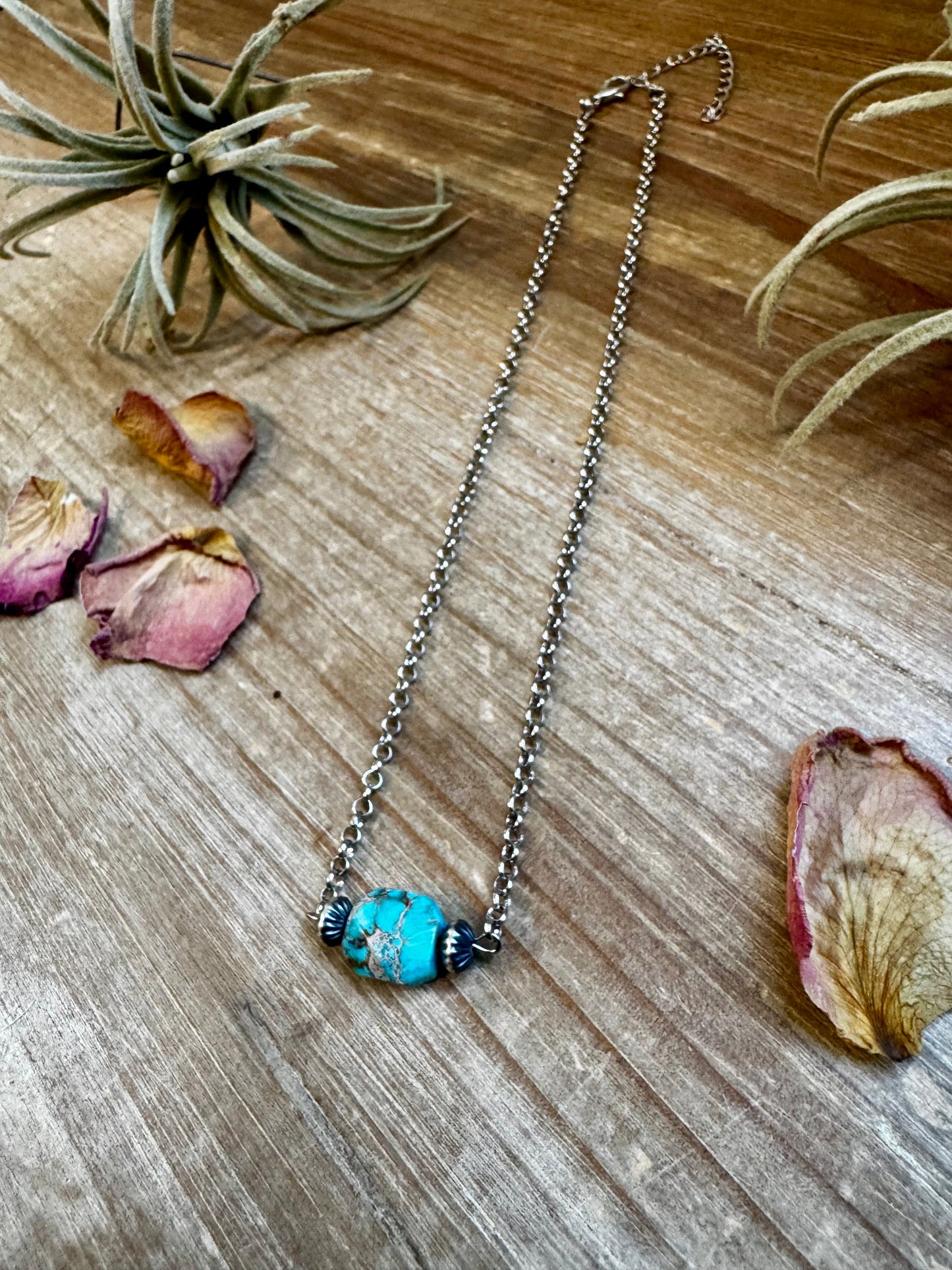 16 inch long necklace with saucer Sterling Silver Pearls and turquoise Variscite