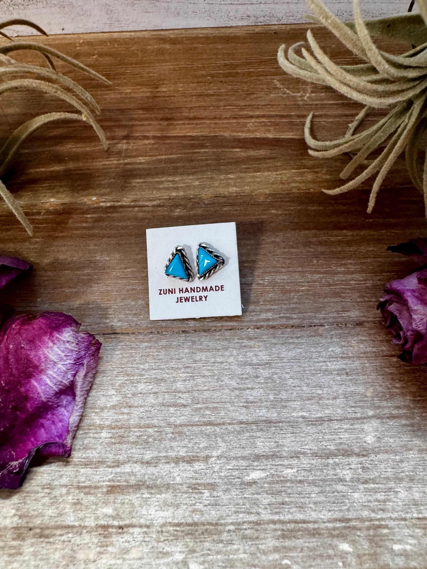 Triangle Kingman Turquoise Stud Earrings – Sterling Silver – Zuni Native Made