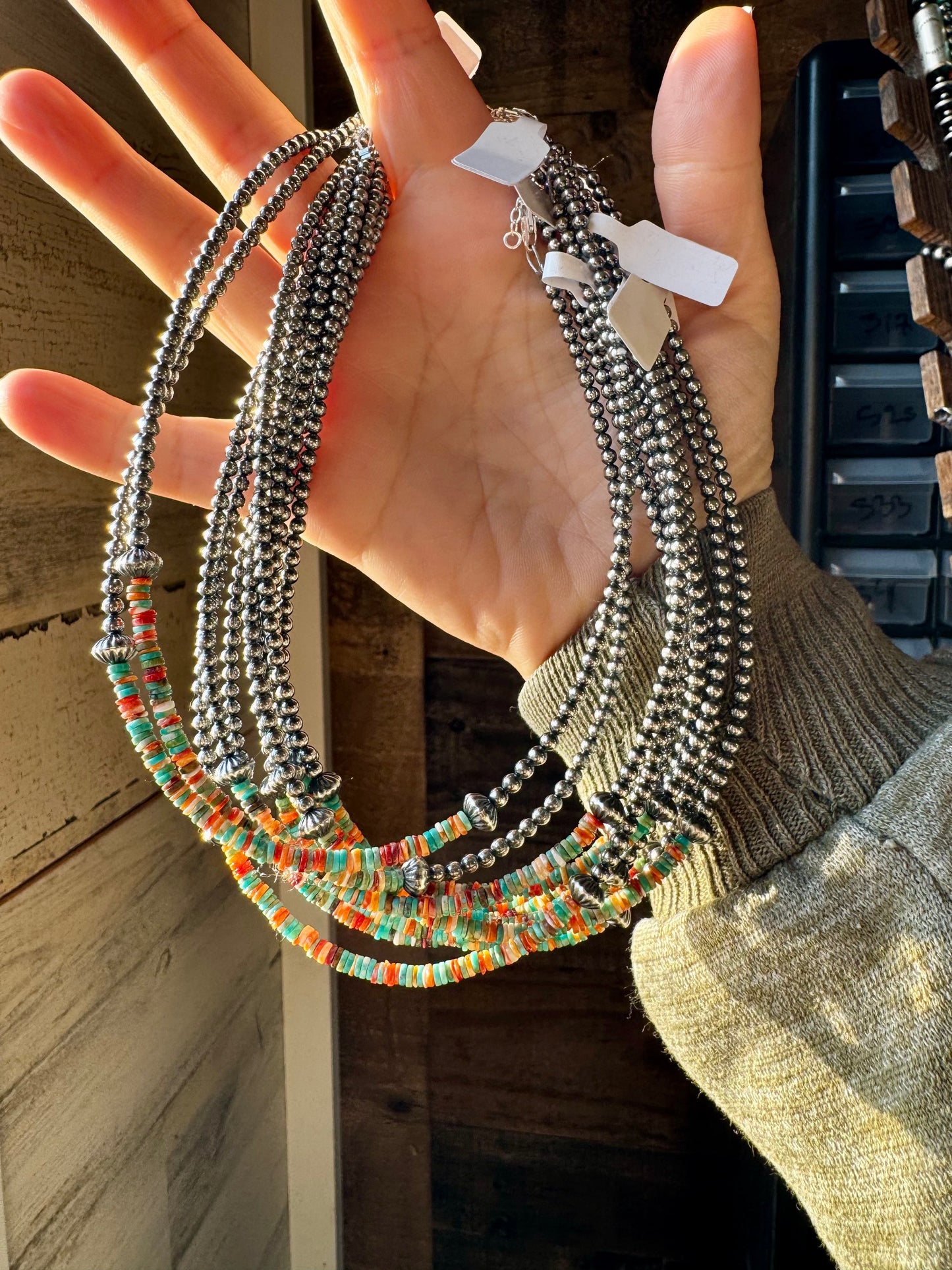 Sterling Silver Pearl Choker with Turquoise & Spiny Oyster Heishi